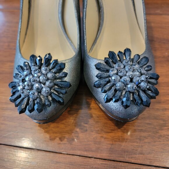 Coach Bergen Metallic Gray Pointy Toe Platform Heels with Rose Embellishment - Picture 5 of 15
